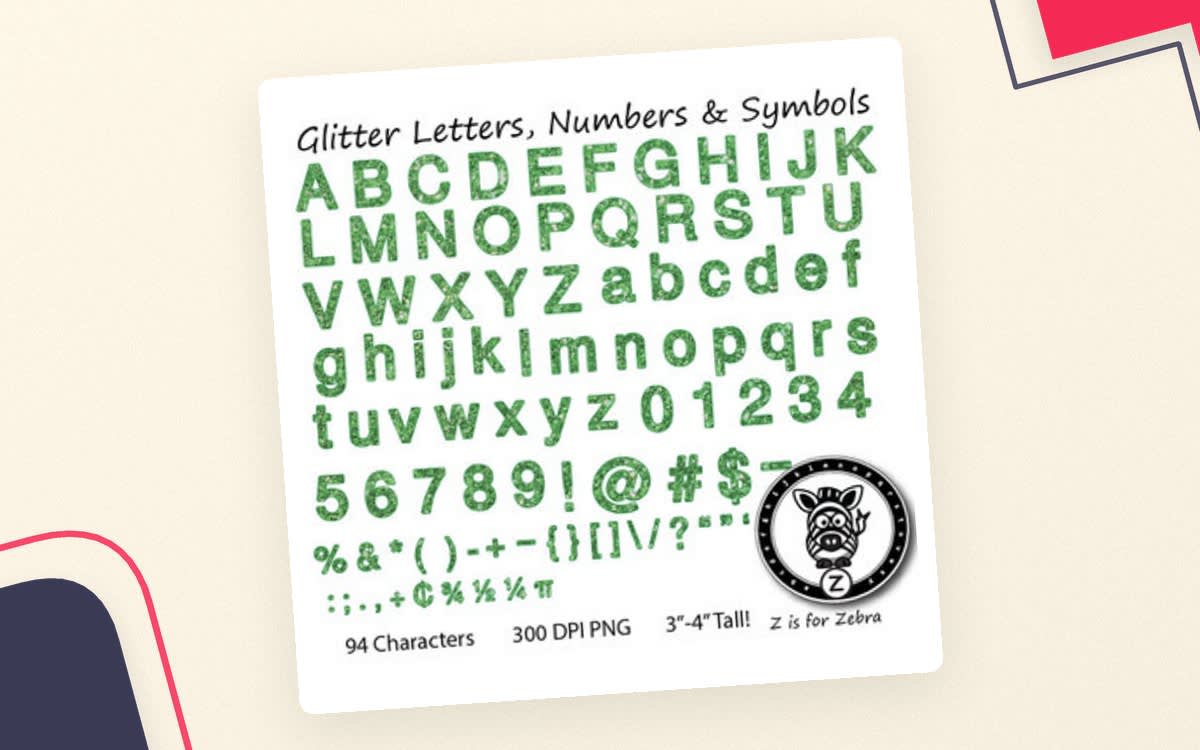 An educational teaching resource from Z is for Zebra entitled Glitter Letters, Numbers & Symbols - Green Glitter downloadable at Teach Simple.