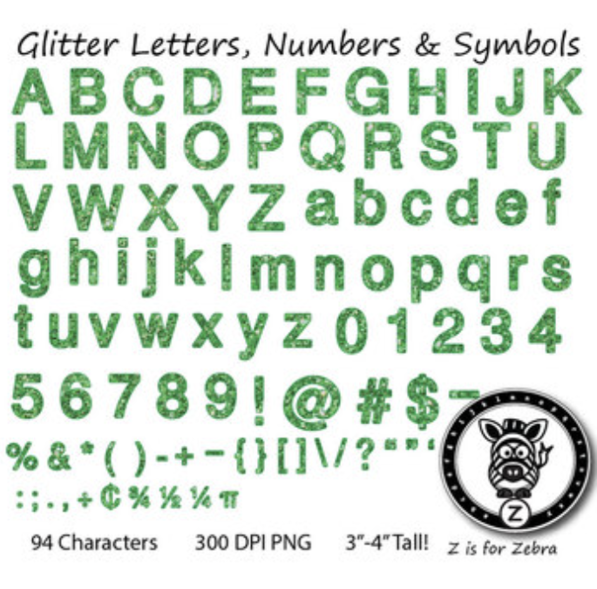 An educational teaching resource from Z is for Zebra entitled Glitter Letters, Numbers & Symbols - Green Glitter downloadable at Teach Simple.