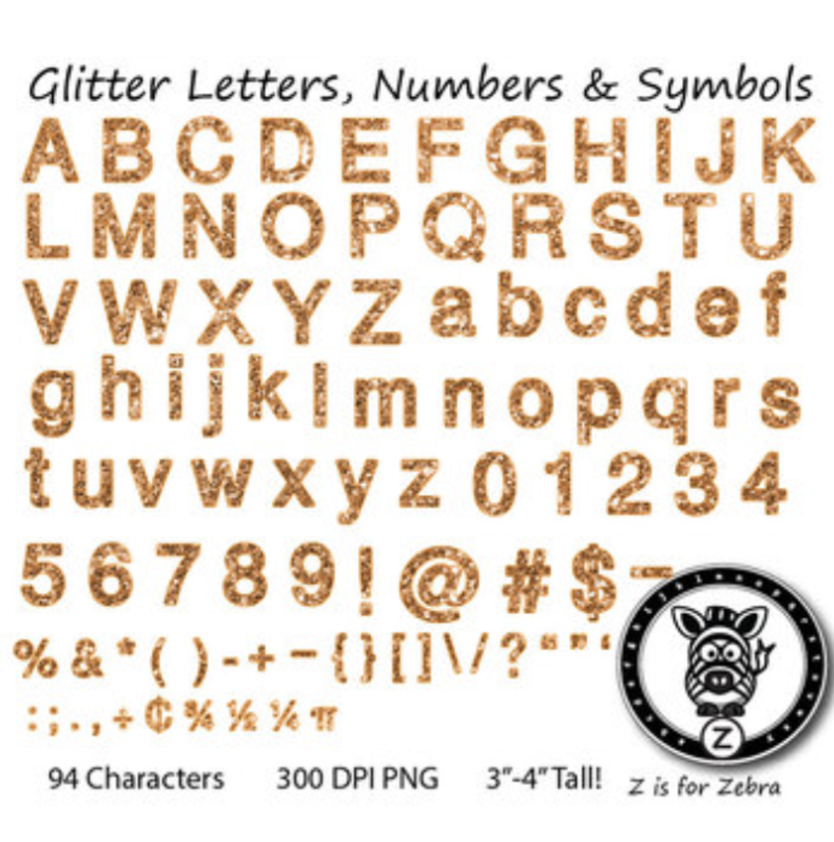 An educational teaching resource from Z is for Zebra entitled Glitter Letters, Numbers & Symbols - Orange Glitter downloadable at Teach Simple.