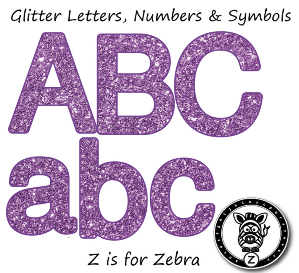 An educational teaching resource from Z is for Zebra entitled Glitter Letters, Numbers & Symbols - Purple Glitter downloadable at Teach Simple.