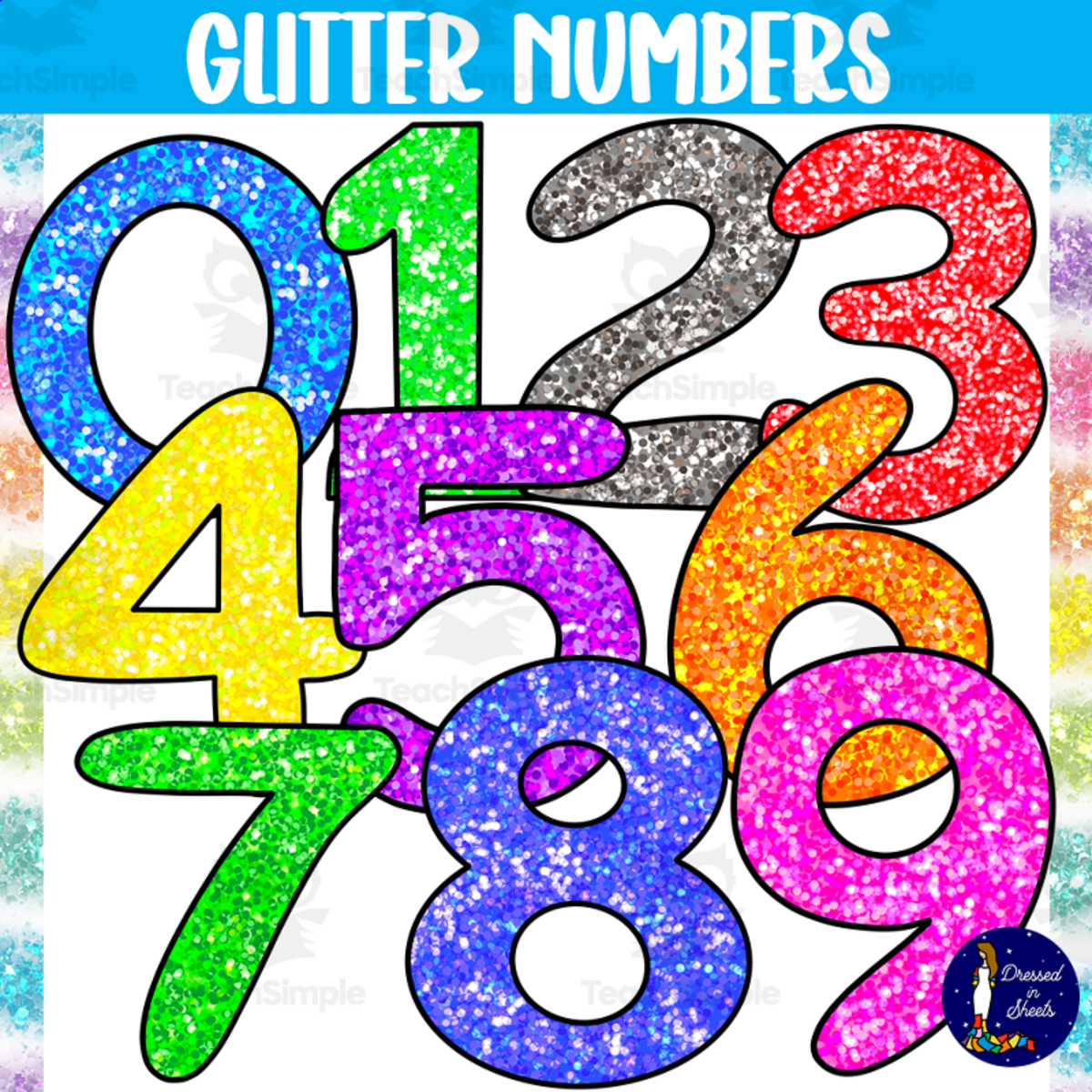 An educational teaching resource from Soumara Siddiqui entitled Glitter Numbers 0-9 downloadable at Teach Simple.