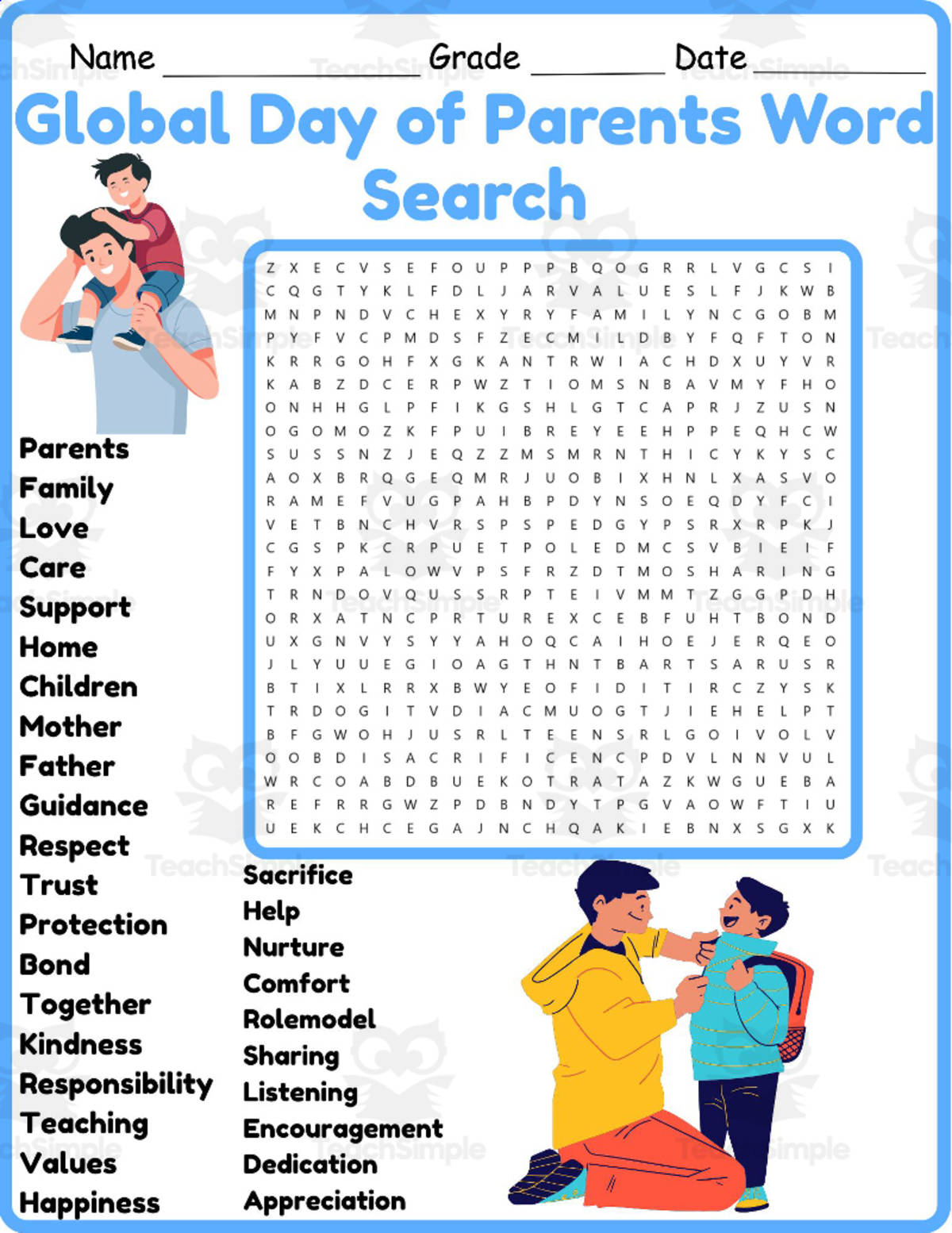 An educational teaching resource from Classsimple entitled Global Day of Parents Word Search 2nd 3rd 4th 5th Grade Worksheet downloadable at Teach Simple.