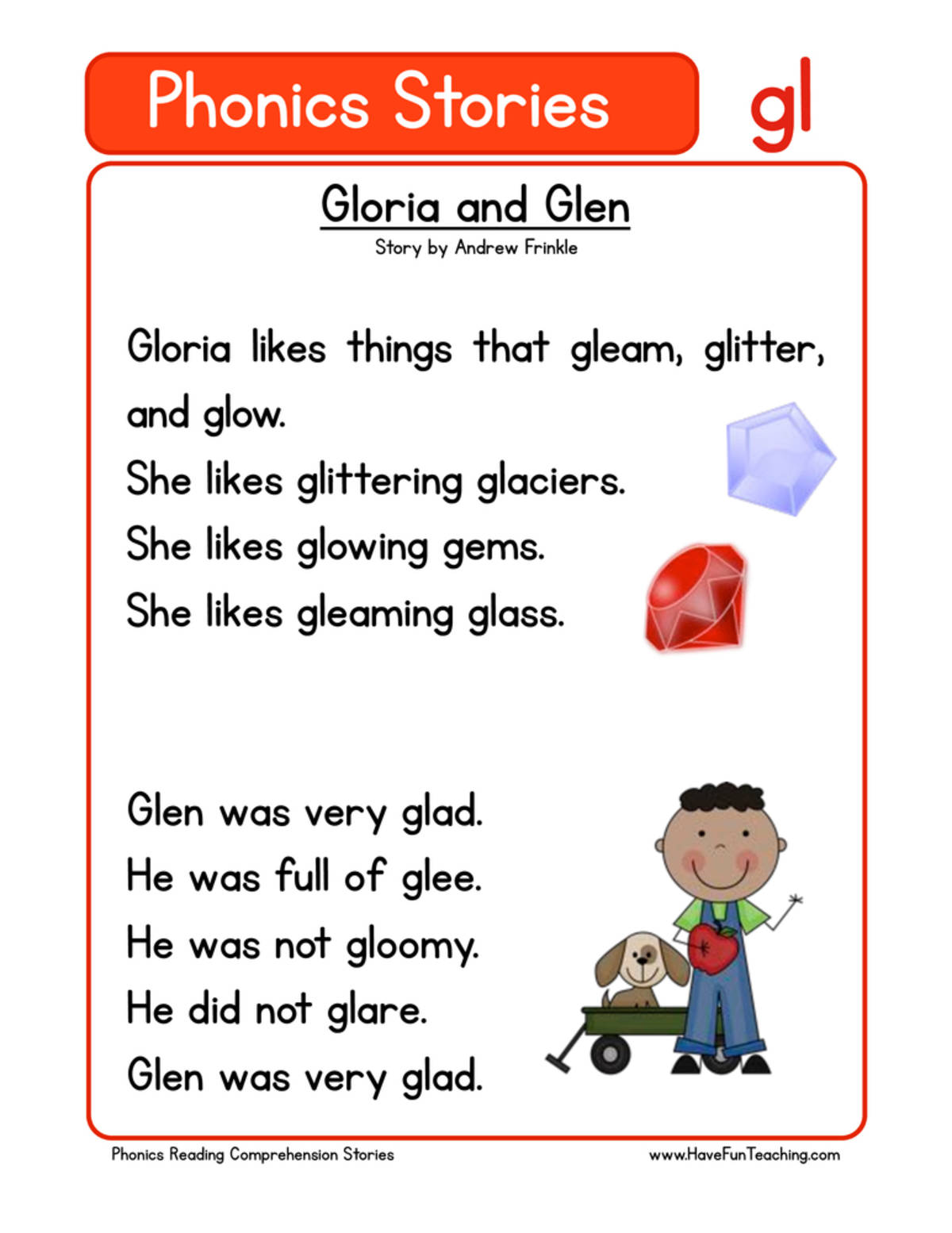 An educational teaching resource from Have Fun Teaching entitled Gloria and Glen GLPhonics Stories Reading Comprehension Worksheet downloadable at Teach Simple.