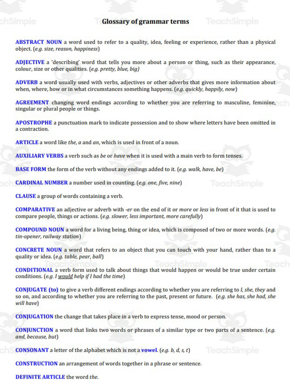 An educational teaching resource from Laprofdefrancais' Shop entitled Glossary for French Grammar downloadable at Teach Simple.
