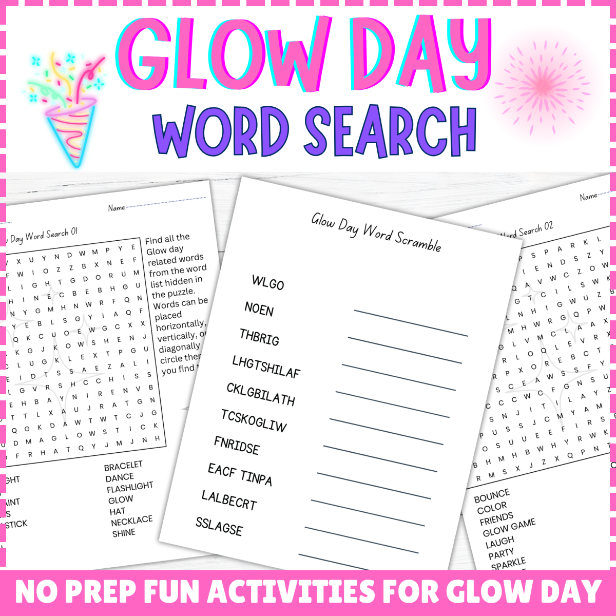 An educational teaching resource from Perfect_Printables entitled Glow Day Word Search, Word Scramble, End of Year Activities For Kids downloadable at Teach Simple.