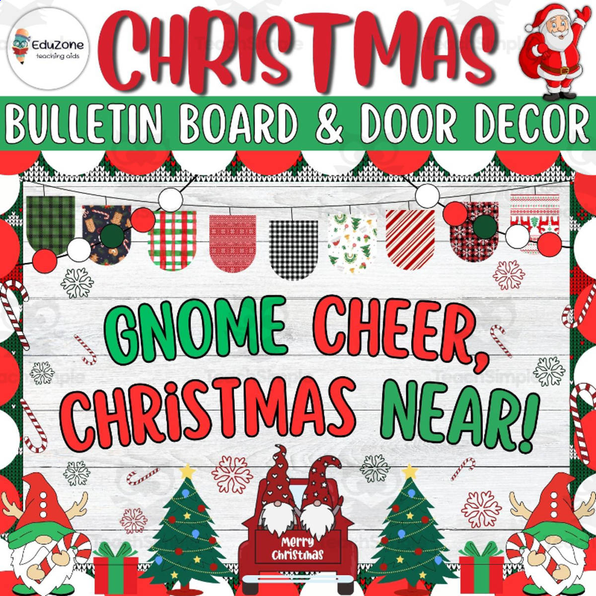 An educational teaching resource from Style Your Classroom entitled Gnome Cheer, Christmas Near! Christmas Bulletin Board & Door Decor kit downloadable at Teach Simple.