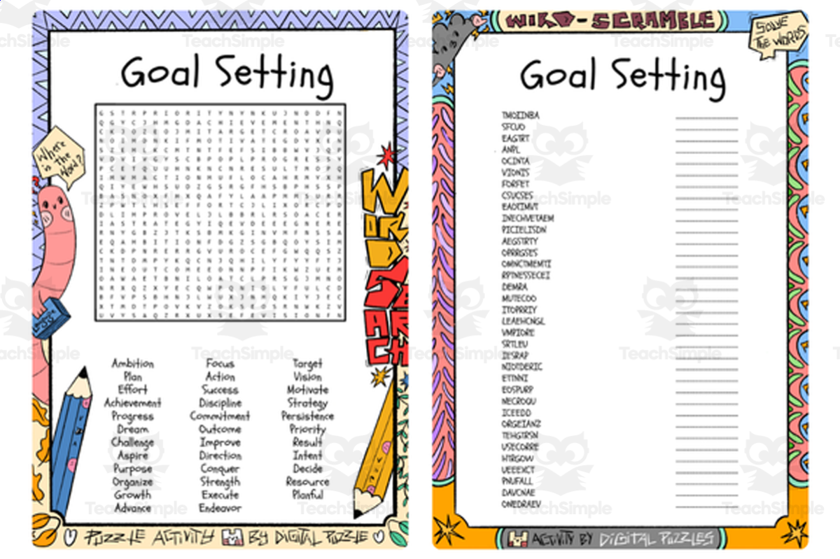 An educational teaching resource from Lapiiin Art Activities entitled Goal Setting word search and word scramble downloadable at Teach Simple.