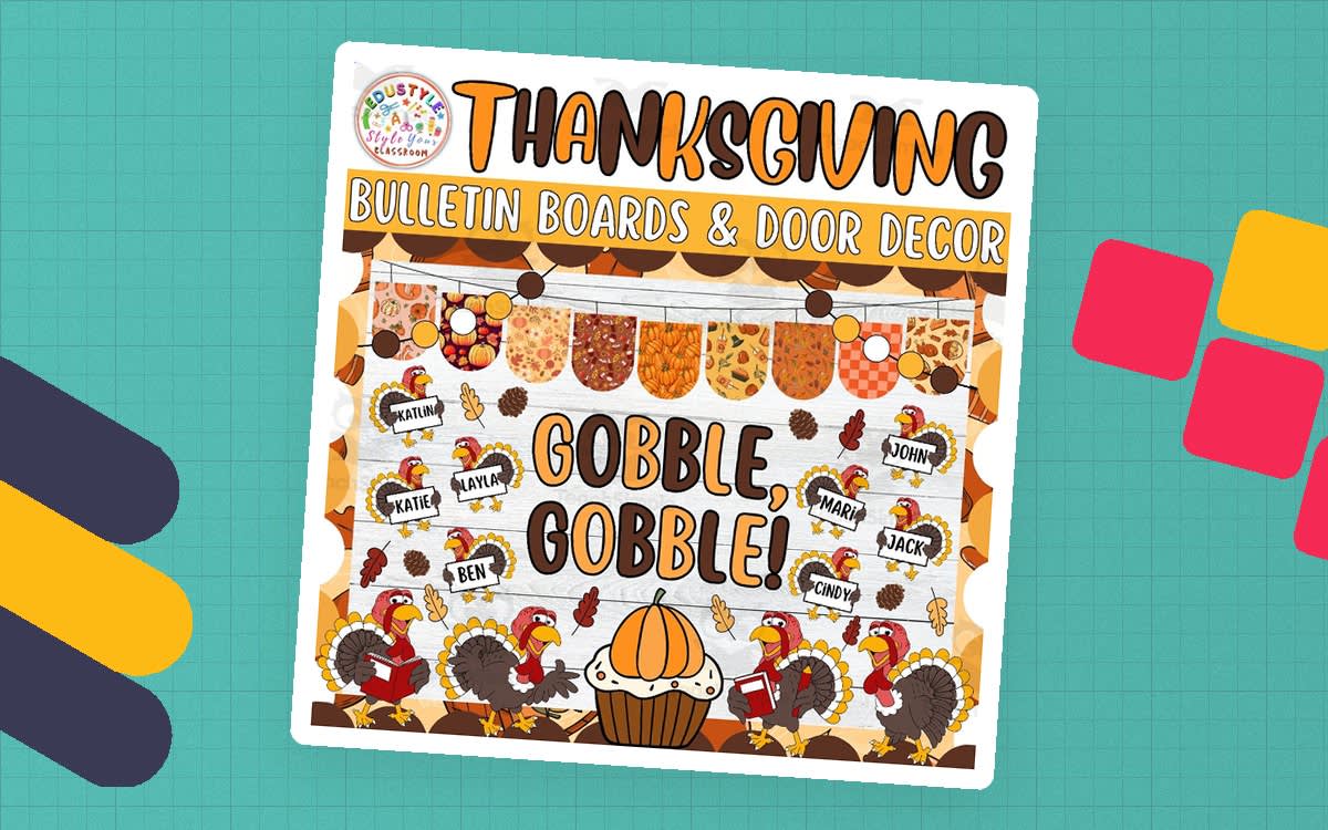 An educational teaching resource from Style Your Classroom entitled Gobble, Gobble!: Thanksgiving & Fall Bulletin Board or Door Decor Kit downloadable at Teach Simple.