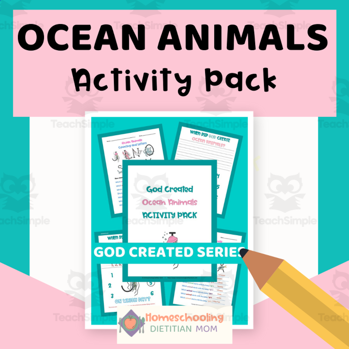 An educational teaching resource from Homeschooling Dietitian Mom entitled God Created Ocean Animals Activity Pack downloadable at Teach Simple.