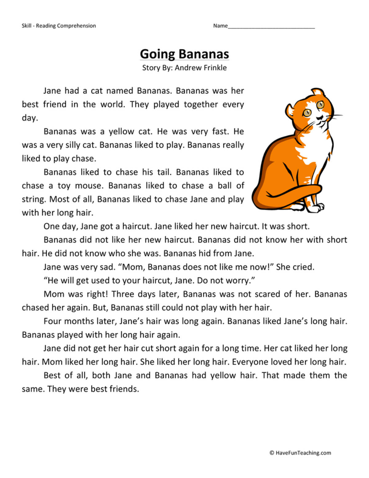 An educational teaching resource from Have Fun Teaching entitled Going Bananas - Reading Comprehension Worksheet downloadable at Teach Simple.
