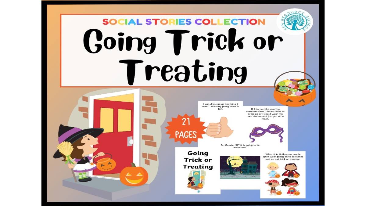 An educational teaching resource from SEN Resource Source entitled Going Trick or Treating Social Story downloadable at Teach Simple.