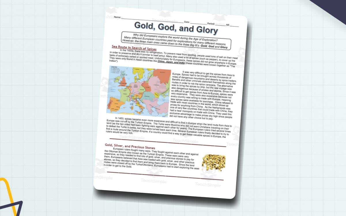 An educational teaching resource from DrDrew entitled Gold, God, and Glory: Reasons for Exploration | Comprehension Worksheet downloadable at Teach Simple.