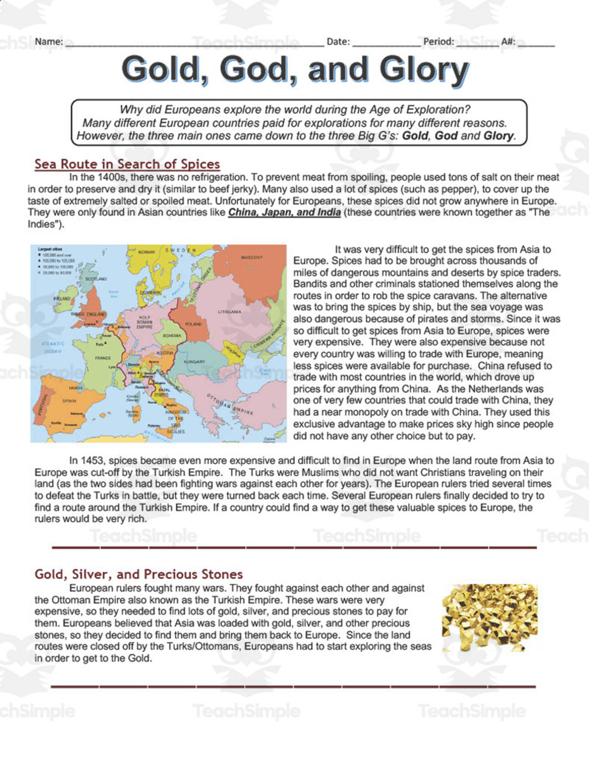 An educational teaching resource from DrDrew entitled Gold, God, and Glory: Reasons for Exploration | Comprehension Worksheet downloadable at Teach Simple.