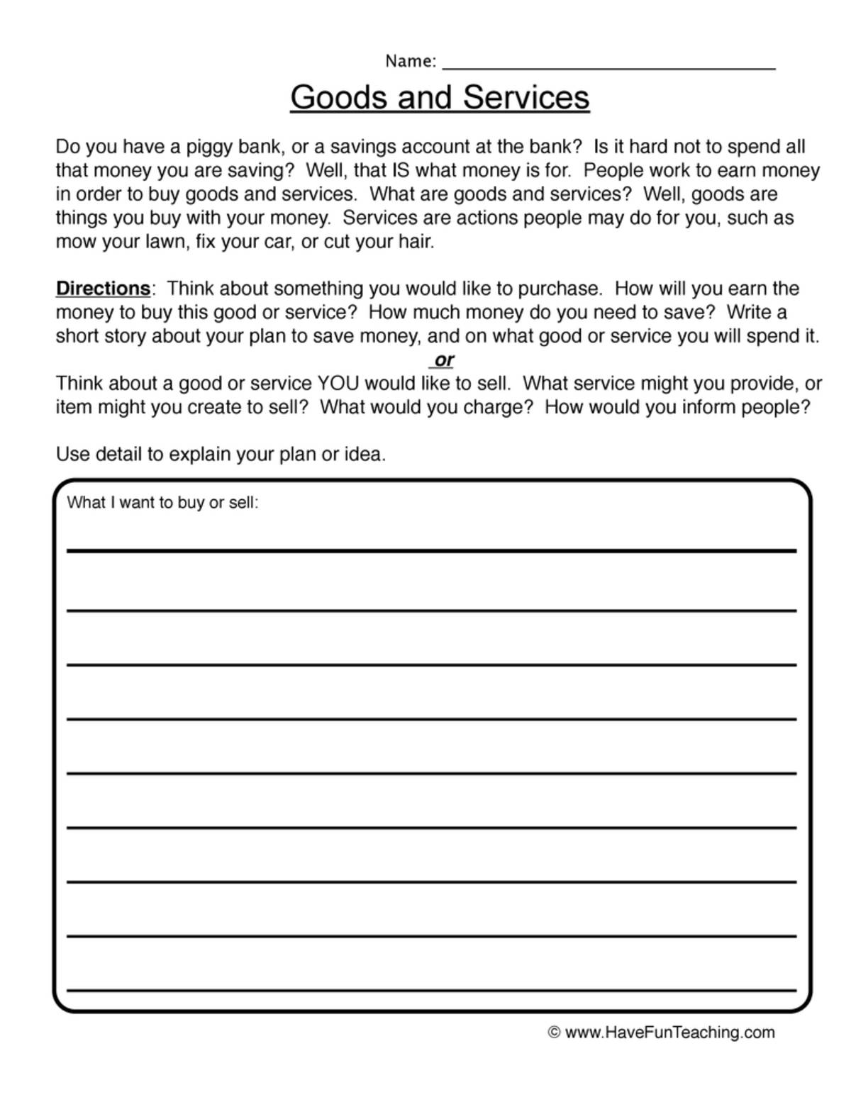 An educational teaching resource from Have Fun Teaching entitled Good and Services Worksheet downloadable at Teach Simple.