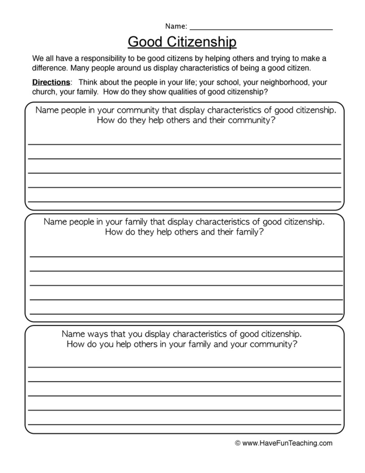 An educational teaching resource from Have Fun Teaching entitled Good Citizenship Worksheet - People Examples downloadable at Teach Simple.