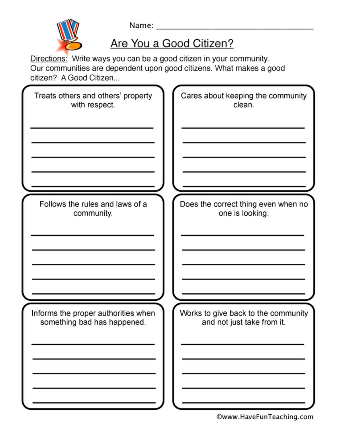 An educational teaching resource from Have Fun Teaching entitled Good Citizenship Worksheet downloadable at Teach Simple.