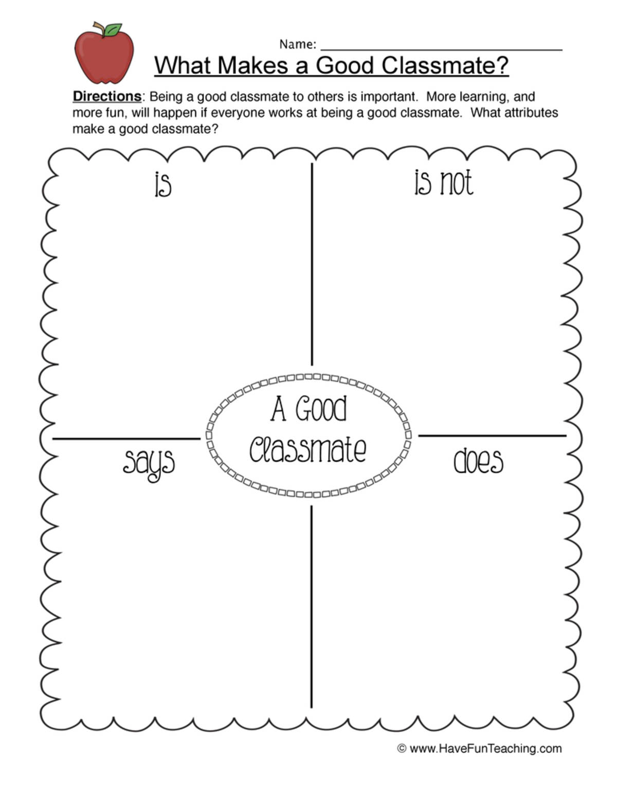 An educational teaching resource from Have Fun Teaching entitled Good Classmate Worksheet downloadable at Teach Simple.