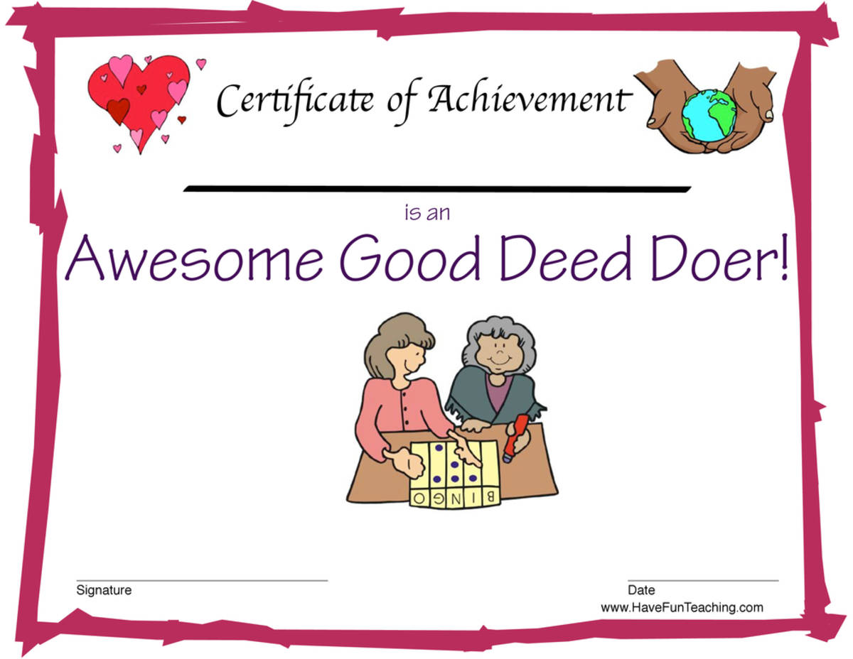 An educational teaching resource from Have Fun Teaching entitled Good Deeds Reward Certificate for Girls downloadable at Teach Simple.