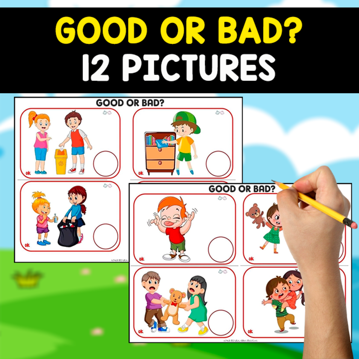 An educational teaching resource from EDITORIAL LAURA EDUCA entitled Good or Bad Actions – 12 Free Picture Cards downloadable at Teach Simple.