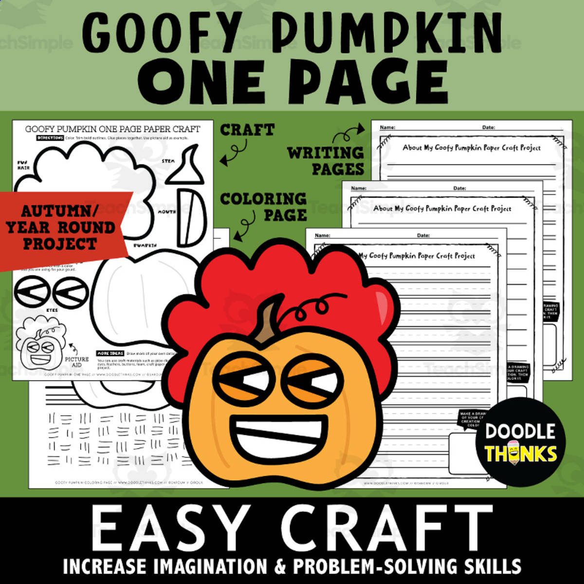 An educational teaching resource from Doodle Thinks entitled Goofy Pumpkin One Page Paper Craft Activities downloadable at Teach Simple.