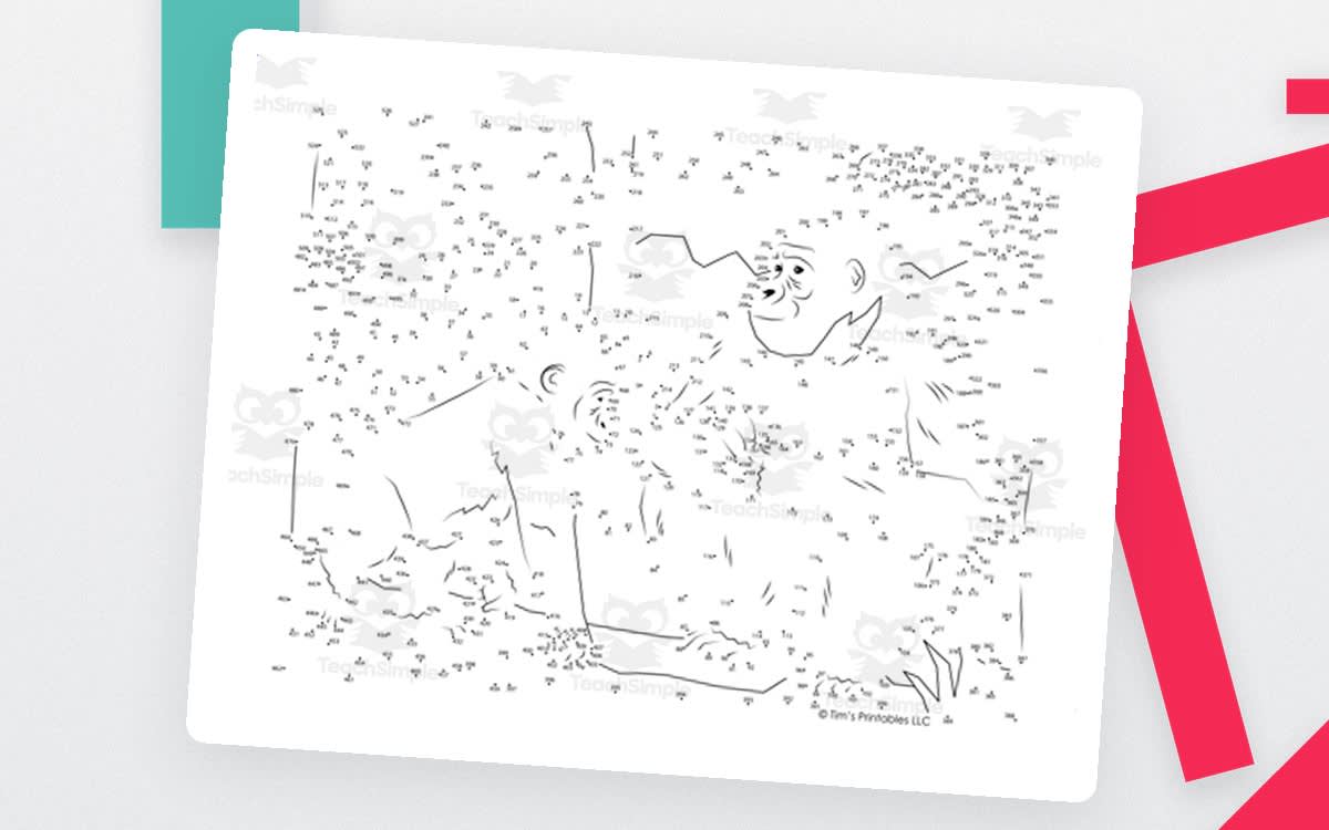 An educational teaching resource from Tim's Printables entitled Gorilla Dot-to-Dot PDF downloadable at Teach Simple.