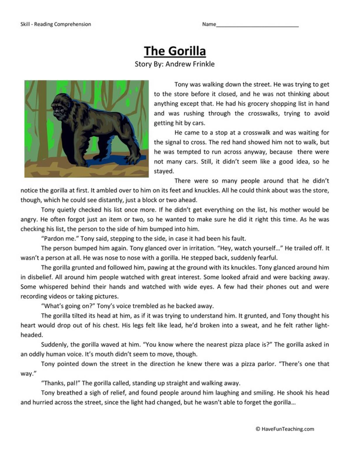 An educational teaching resource from Have Fun Teaching entitled Gorilla Reading Comprehension Worksheet downloadable at Teach Simple.