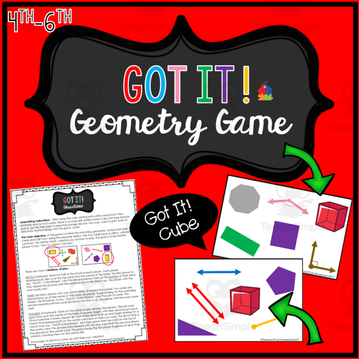 An educational teaching resource from Teachers R Us Homeschool entitled Got It! Geometry Game for 4th-6th downloadable at Teach Simple.