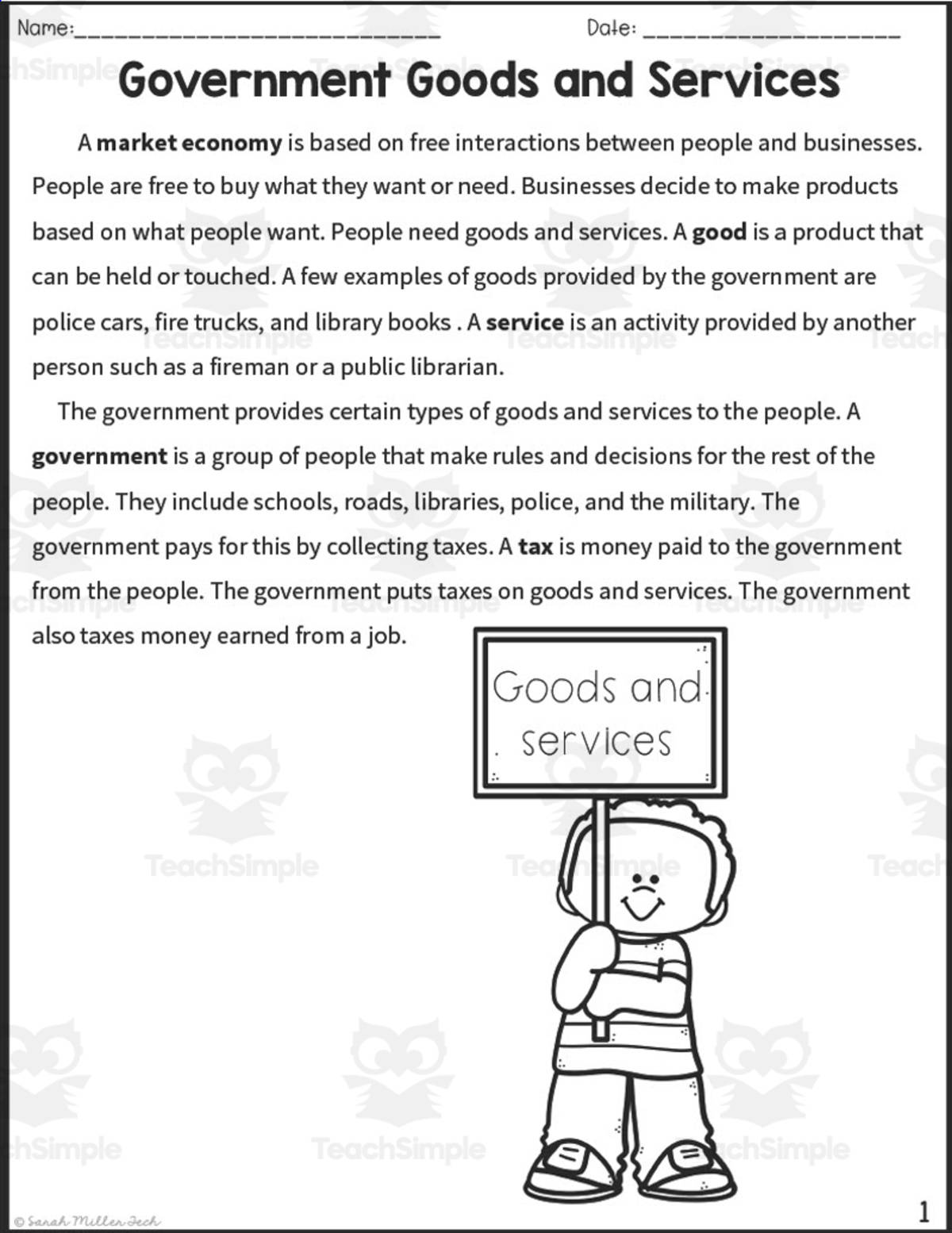 An educational teaching resource from Sarah Miller Tech entitled Government Goods and Services Reading Packet downloadable at Teach Simple.