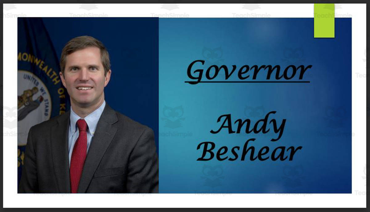 An educational teaching resource from Mr. Matthews Teacher Store entitled Governor Andy Beshear (KY) Biography PowerPoint downloadable at Teach Simple.