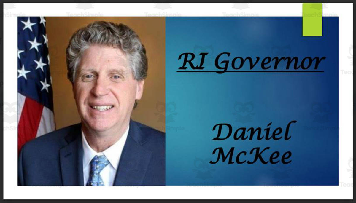 An educational teaching resource from Mr. Matthews Teacher Store entitled Governor Daniel McKee (RI) Biography PowerPoint downloadable at Teach Simple.