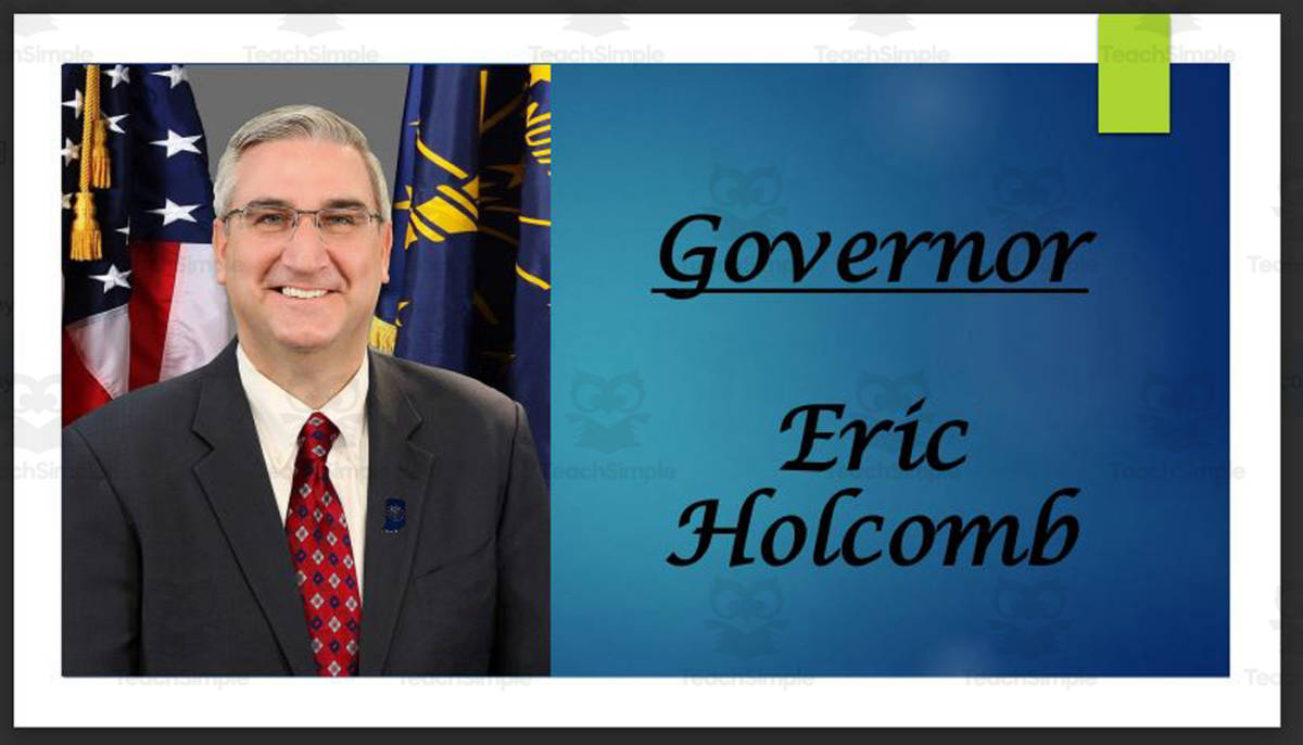 An educational teaching resource from Mr. Matthews Teacher Store entitled Governor Eric Holcomb (IN) Biography PowerPoint downloadable at Teach Simple.