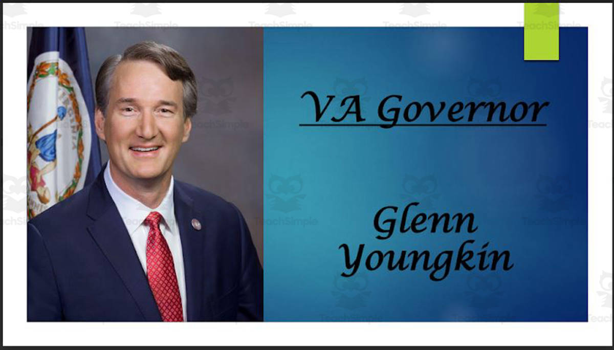 An educational teaching resource from Mr. Matthews Teacher Store entitled Governor Glenn Youngkin (VA) Biography PowerPoint downloadable at Teach Simple.