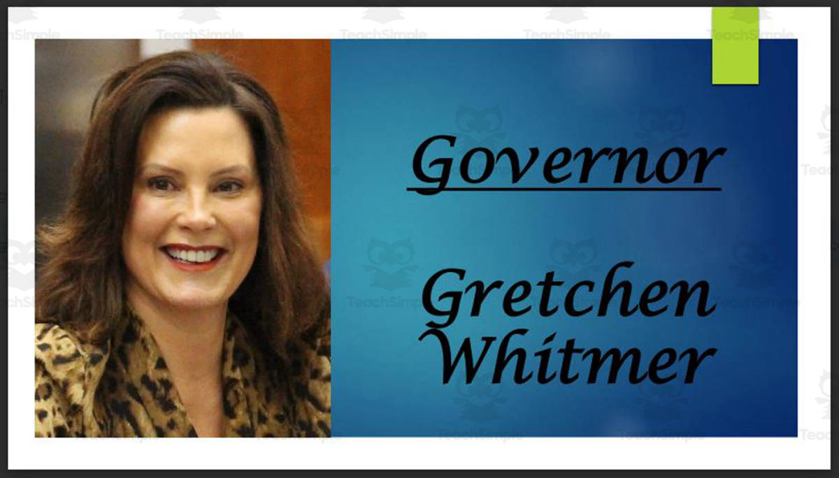 An educational teaching resource from Mr. Matthews Teacher Store entitled Governor Gretchen Whitmer (MI) Biography PowerPoint downloadable at Teach Simple.