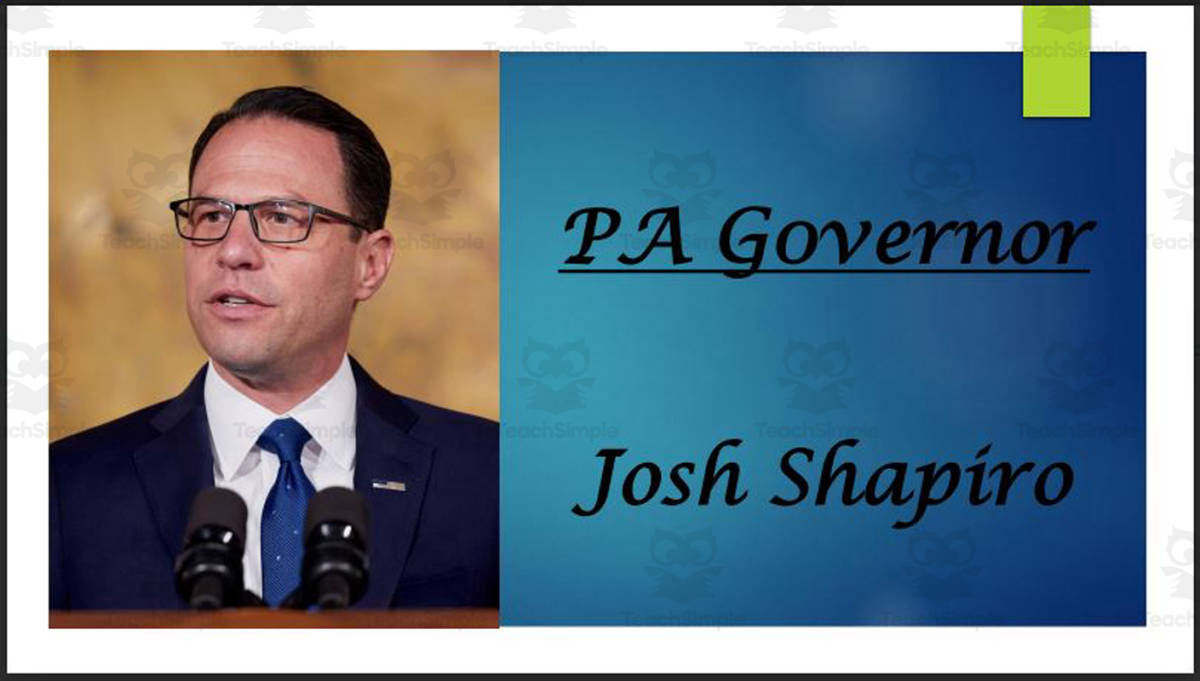 An educational teaching resource from Mr. Matthews Teacher Store entitled Governor Josh Shapiro (PA) BIO PPT downloadable at Teach Simple.