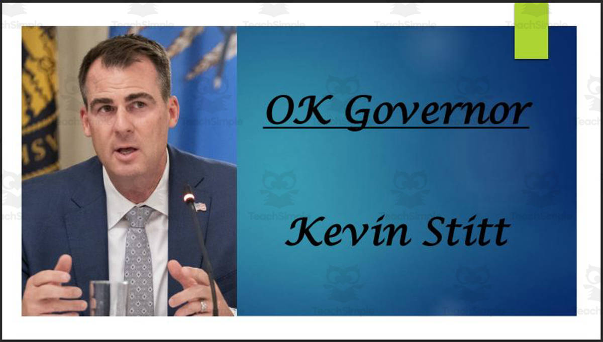An educational teaching resource from Mr. Matthews Teacher Store entitled Governor Kevin Stitt (OK) Biography PowerPoint downloadable at Teach Simple.