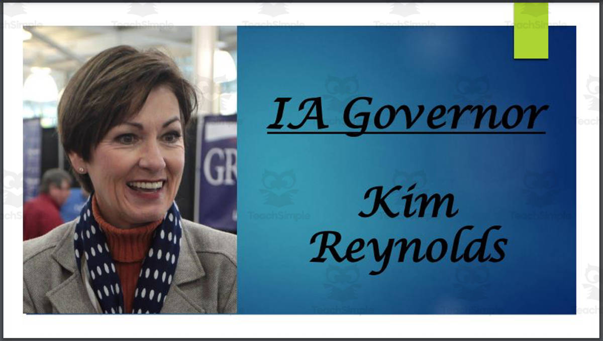 An educational teaching resource from Mr. Matthews Teacher Store entitled Governor Kim Reynolds Biography – PowerPoint downloadable at Teach Simple.
