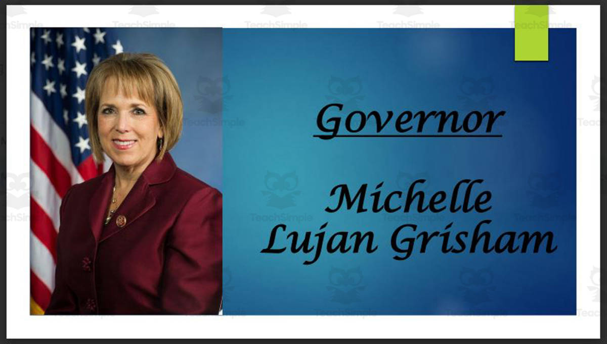 An educational teaching resource from Mr. Matthews Teacher Store entitled Governor Michelle Lujan Grisham (NM) Biography PowerPoint downloadable at Teach Simple.