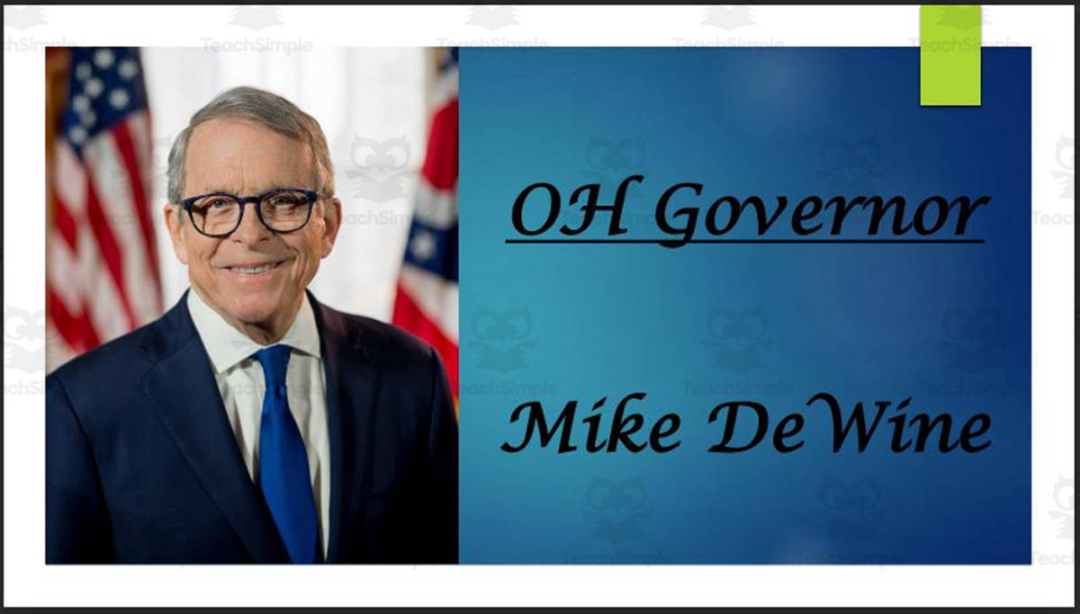An educational teaching resource from Mr. Matthews Teacher Store entitled Governor Mike DeWine (OH) Biography PowerPoint downloadable at Teach Simple.