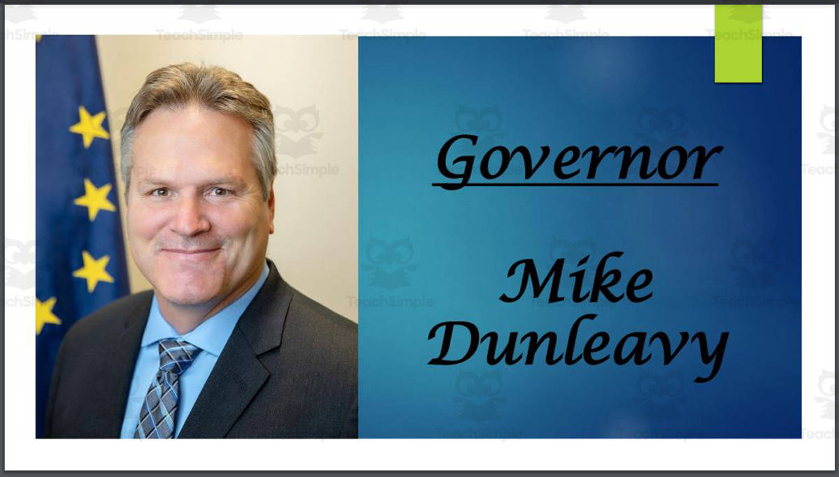 An educational teaching resource from Mr. Matthews Teacher Store entitled Governor Mike Dunleavy (AK) Biography PowerPoint downloadable at Teach Simple.