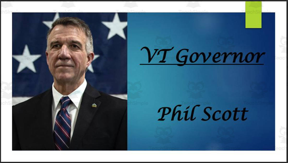 An educational teaching resource from Mr. Matthews Teacher Store entitled Governor Phil Scott (VT) Biography PowerPoint downloadable at Teach Simple.