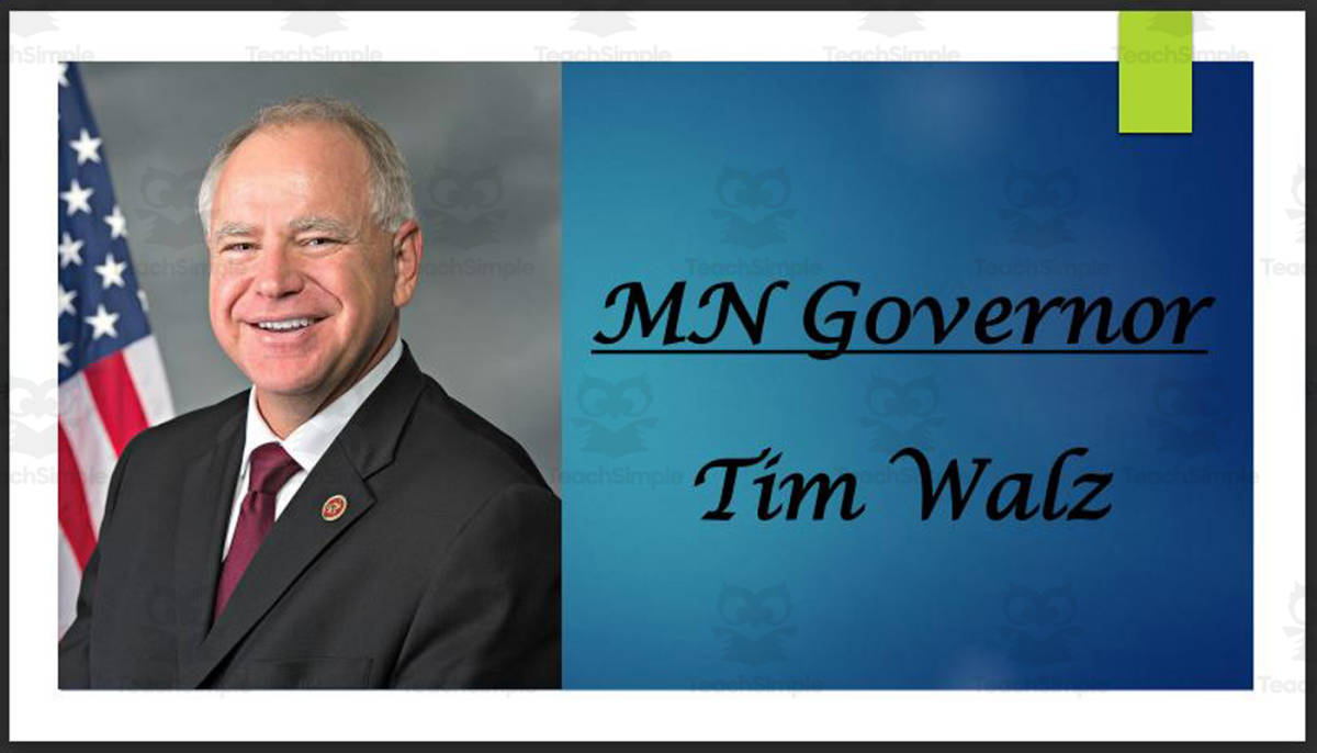 An educational teaching resource from Mr. Matthews Teacher Store entitled Governor Tim Walz (MN) Biography PowerPoint downloadable at Teach Simple.
