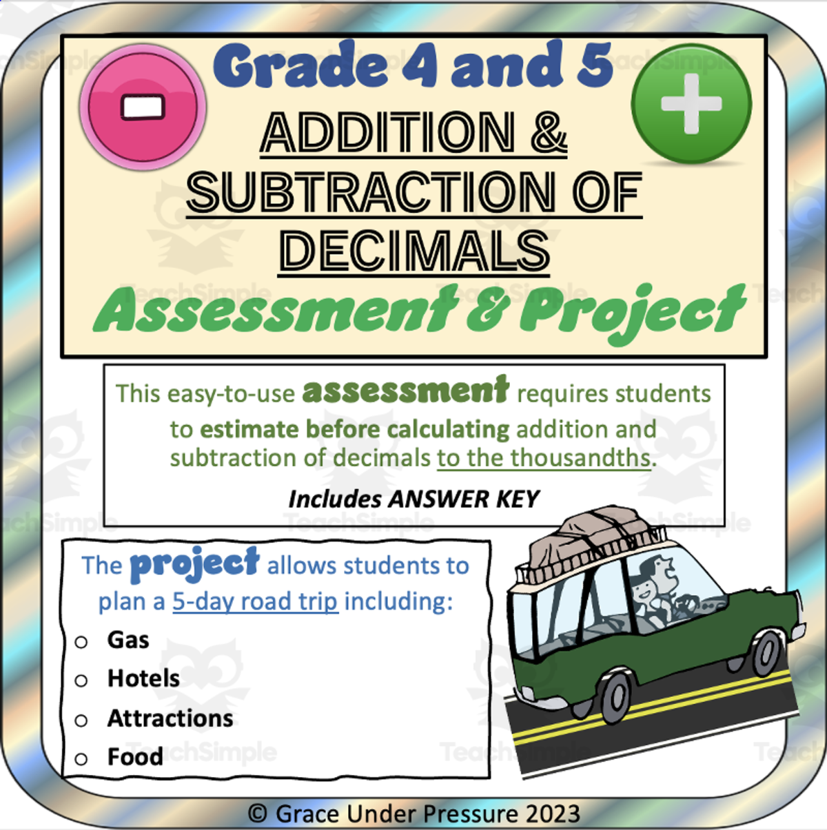 An educational teaching resource from Grace Under Pressure entitled Gr 4 and 5 Math: Adding and Subtracting Decimals Quiz and Project downloadable at Teach Simple.