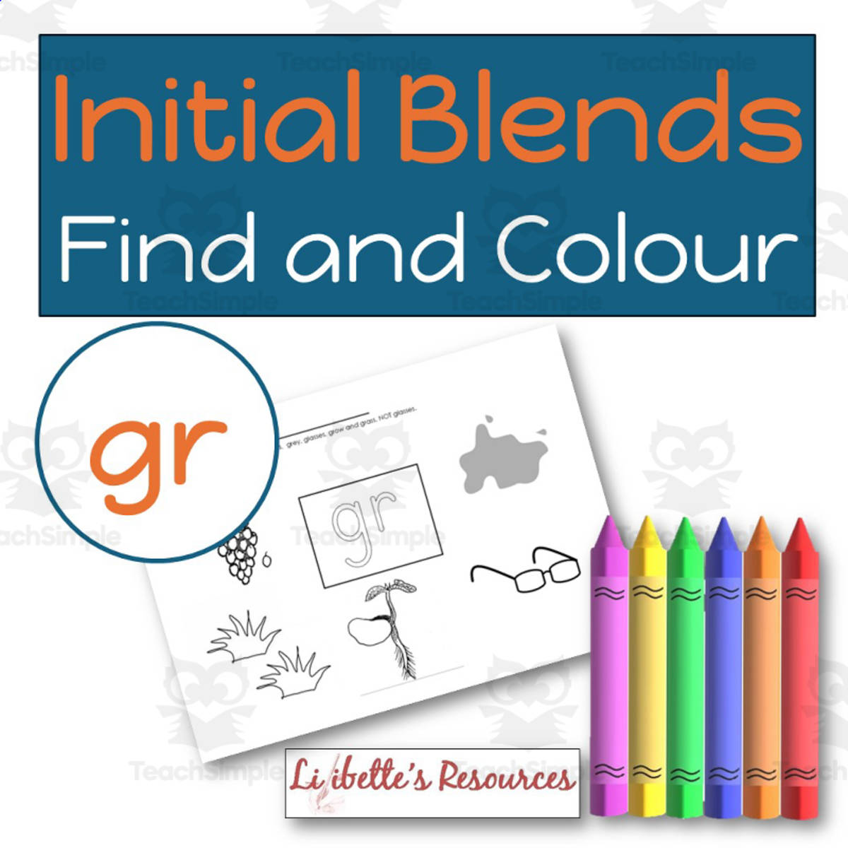 An educational teaching resource from Lilibette's Resources entitled GR Blend Find and Colour Phonics Worksheet to Develop Phonemic downloadable at Teach Simple.