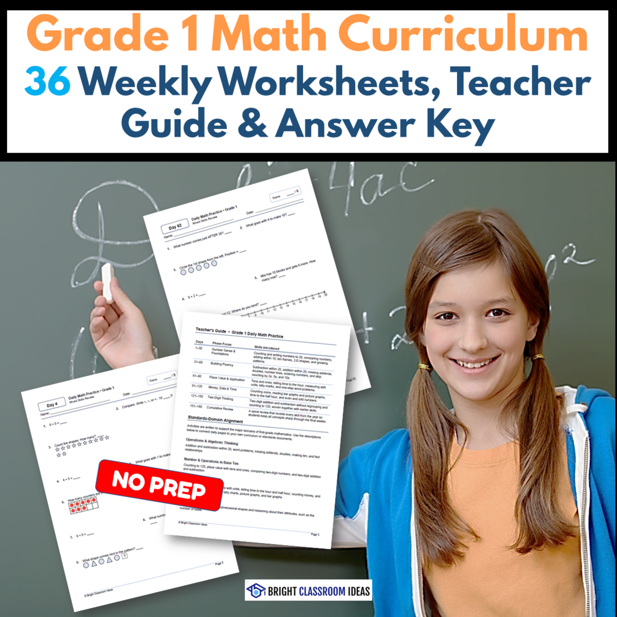 An educational teaching resource from Bright Classroom Ideas Marketplace entitled Grade 1 Math Curriculum | 36 Weekly Worksheets downloadable at Teach Simple.
