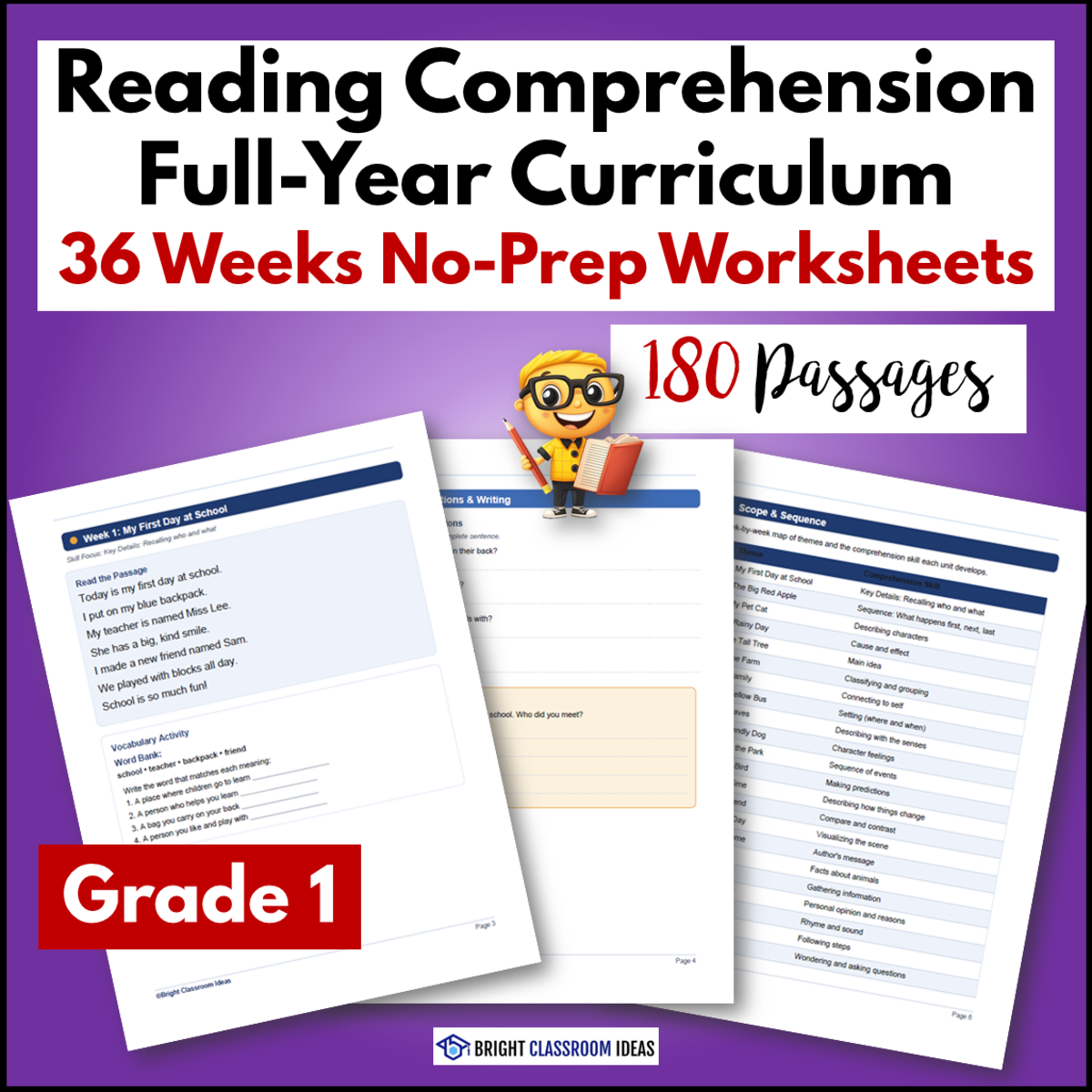 An educational teaching resource from Bright Classroom Ideas Marketplace entitled Grade 1 Yearlong Reading Comprehension Curriculum | 180 Worksheets downloadable at Teach Simple.