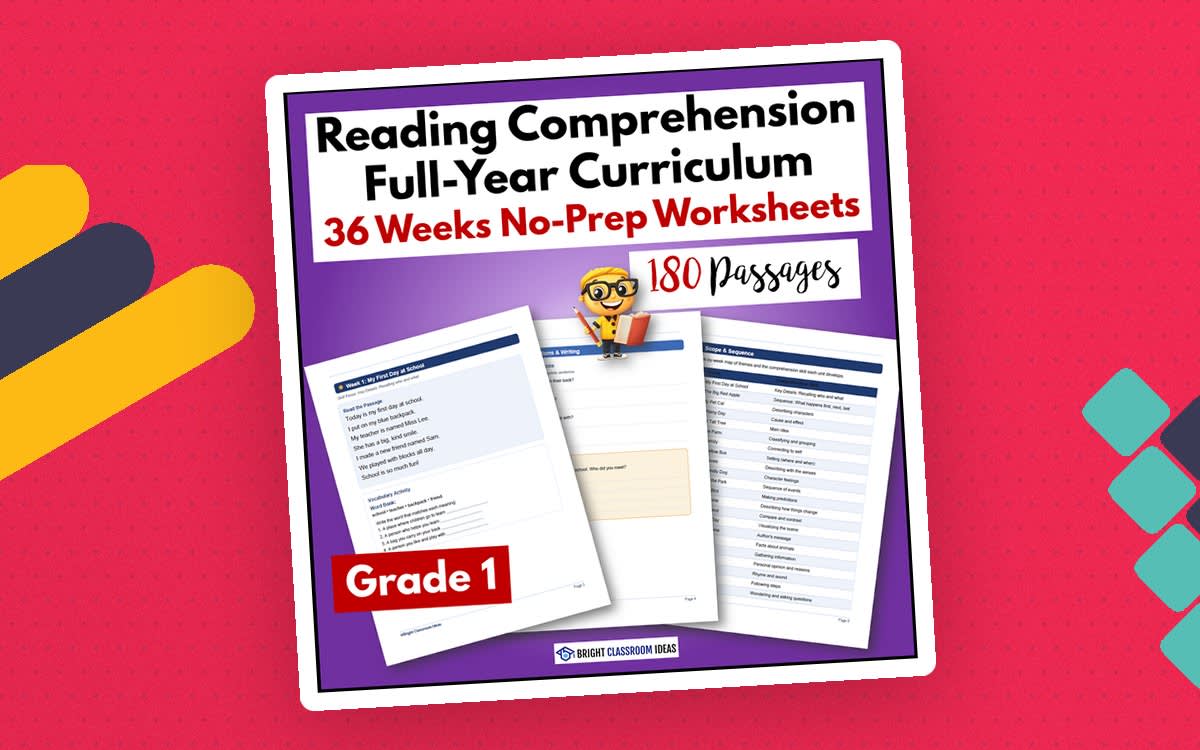 An educational teaching resource from Bright Classroom Ideas Marketplace entitled Grade 1 Yearlong Reading Comprehension Curriculum | 180 Worksheets downloadable at Teach Simple.