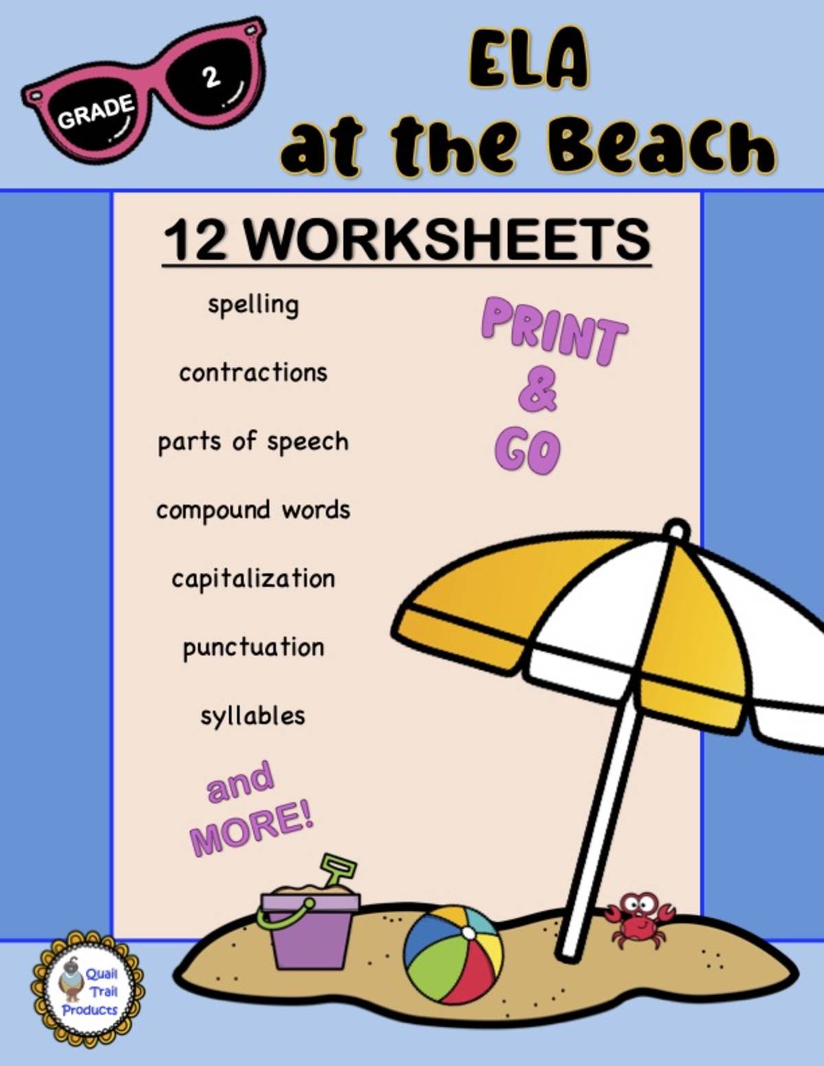 An educational teaching resource from Quail Trail Products entitled Grade 2 ELA Worksheets – Beach Theme Pack downloadable at Teach Simple.