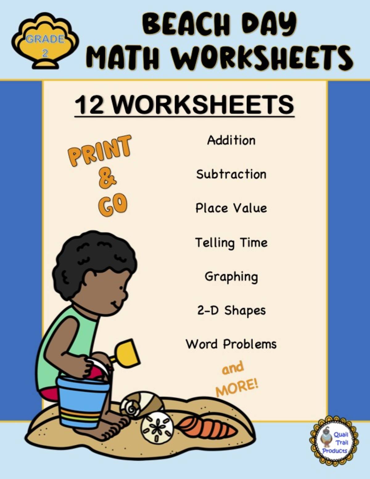 An educational teaching resource from Quail Trail Products entitled Grade 2 MATH Worksheets | Beach Theme downloadable at Teach Simple.