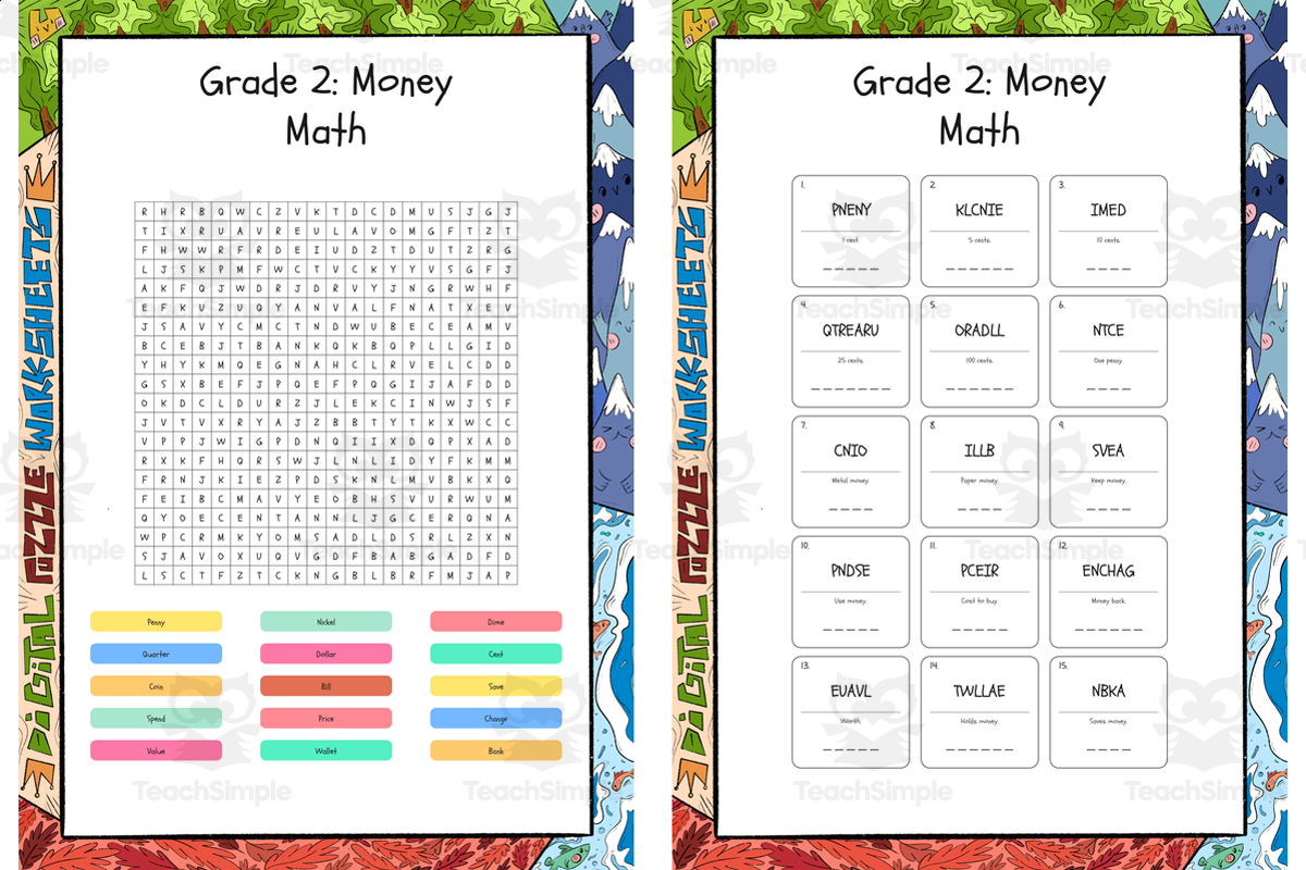 An educational teaching resource from Lapiiin Art Activities entitled Grade 2 Money Math word search, scramble and crossword puzzle downloadable at Teach Simple.