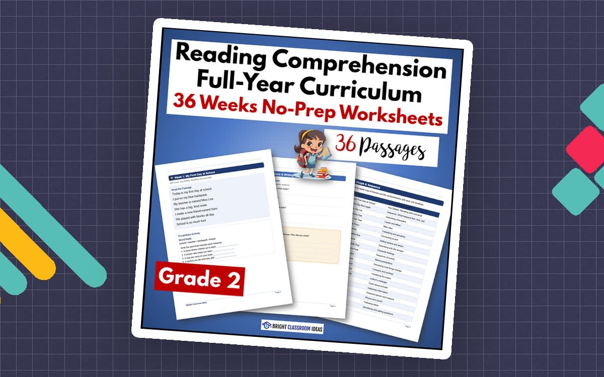 An educational teaching resource from Bright Classroom Ideas Marketplace entitled Grade 2 Yearlong Reading Comprehension Curriculum | 36 Worksheets downloadable at Teach Simple.